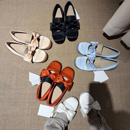 Women's Bow Mary Jane Shoes Square Satin Low Heel Flat Shoes Elegant Strap Ladies Pumps for Wedding Office Daily Wear Shoes