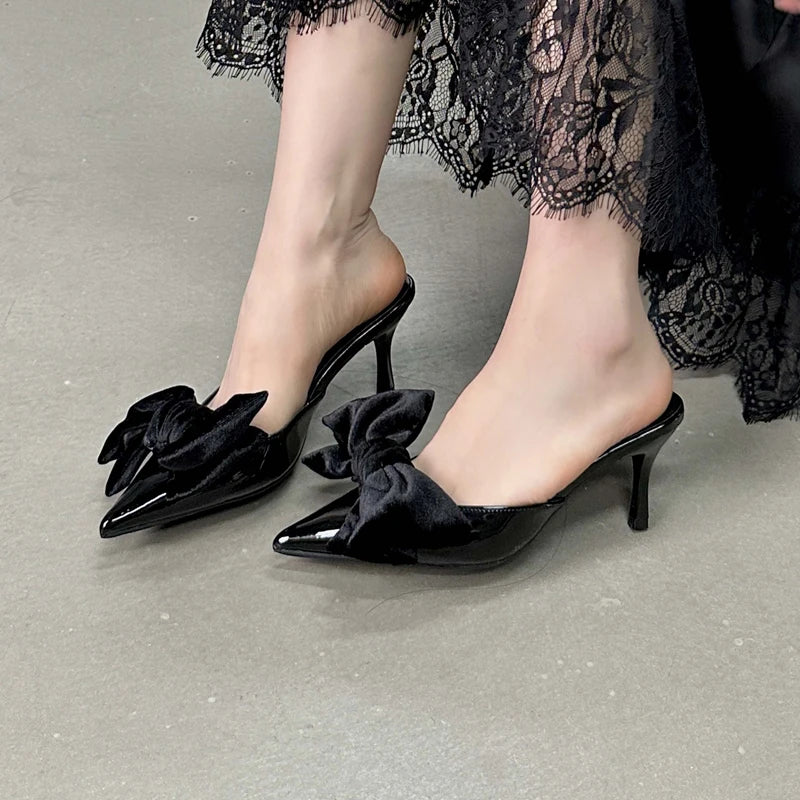 Sexy Bowknot Women Slippers Pointed Toe Stiletto Low Heels Mules Slides Party Dress Summer Shoes