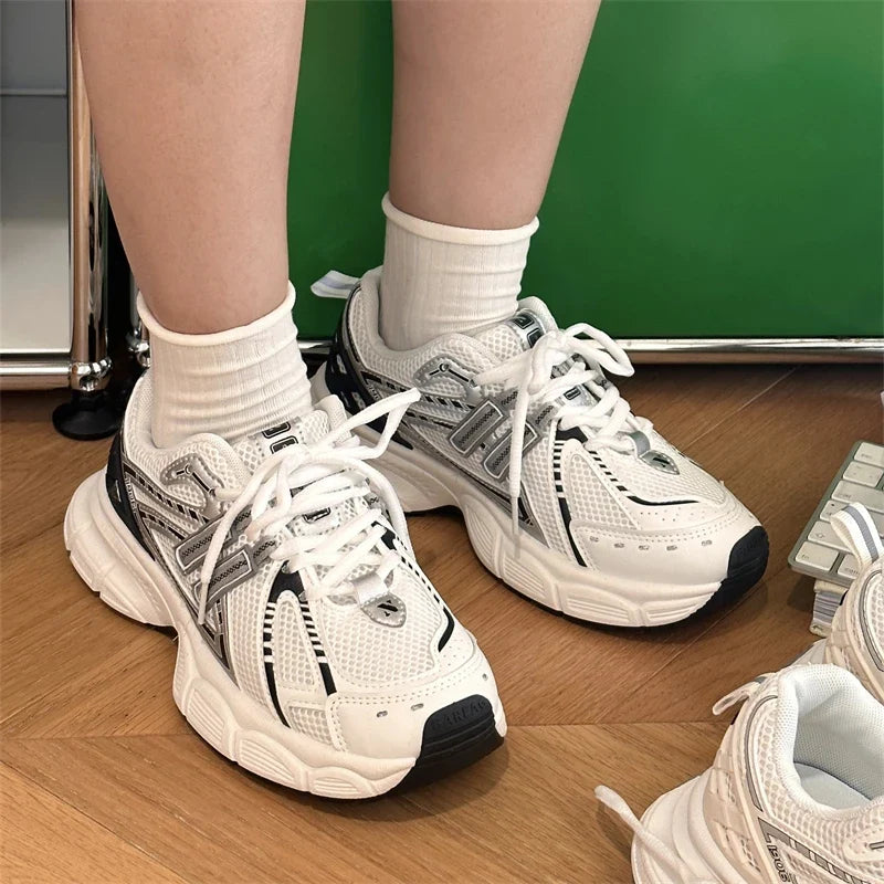High Quality Casual Sneakers Women Breathable Mesh Mixed Colors Striped Design Thick Sole Platform Ladies Shoes