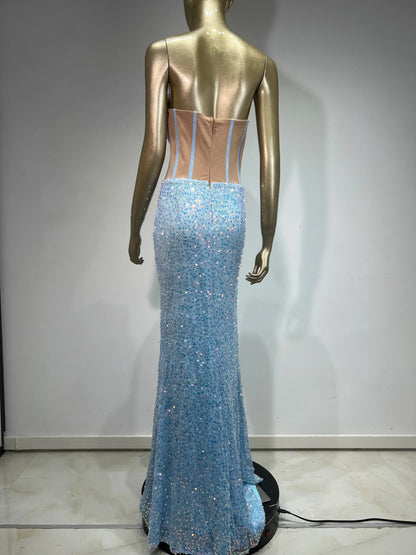 Cowl Neck Corset Bodice Sequin High Slit Maxi Gown