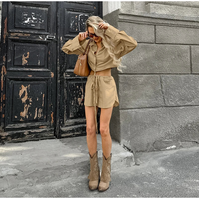 Women's Summer Suit Elegant Lapel Single Breasted Full Sleeve Lace Up Waist Shorts Female Suit Oversize Two-piece Set 2025