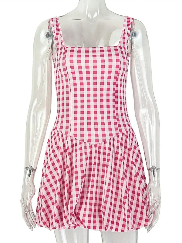 Cute Pink Checkered Mini Dress Square Neck Sleeveless Slim Waist Ruched Bubble Hem A-Line Summer Short Dress for Women