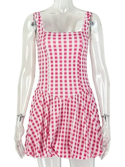 Cute Pink Checkered Mini Dress Square Neck Sleeveless Slim Waist Ruched Bubble Hem A-Line Summer Short Dress for Women