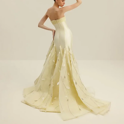 Garden Party Feather Gown in Antique Pastel Yellow Strapless Sleeveless A-line Evening Gown with Hand-stitched Ostrich Plumes