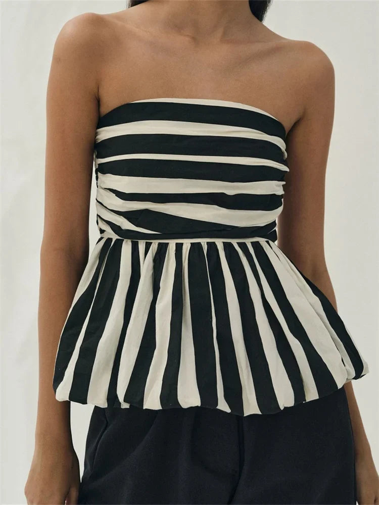Striped Ruched Cropped Bustier Strapless