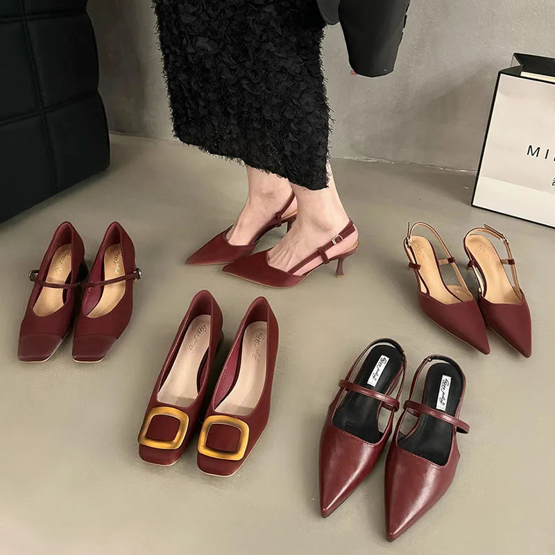 Red Street Style Sexy Pointed Toe Sandals Metal Buckle Strap Women Pumps Stripper Sandals Slingback Heels Ballet Flats Muj