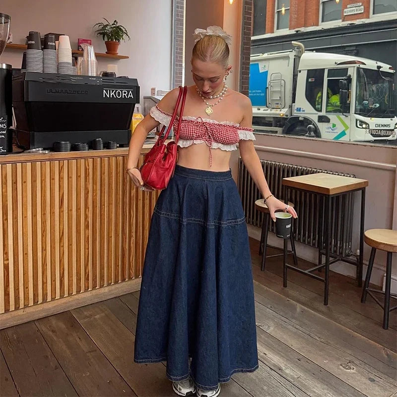 Vintage Denim Vest Skirt Women Outfit Elegant Slash Neck Tank Top Pleated Zippers Mid Skirts Summer Fashion Lady Set
