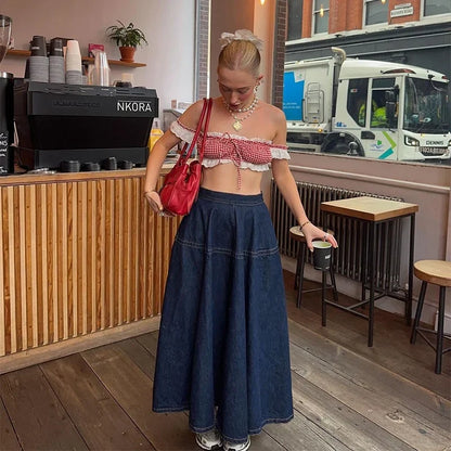 Vintage Denim Vest Skirt Women Outfit Elegant Slash Neck Tank Top Pleated Zippers Mid Skirts Summer Fashion Lady Set