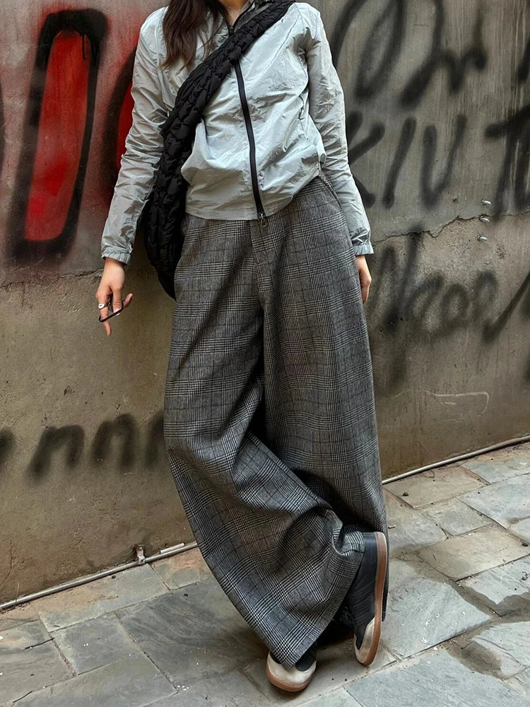 Vintage Women Tartan Bootcut Suit Pants Checkered Draped Tweed Long Trousers High Waist Wide Leg Pants Casual Streetwear