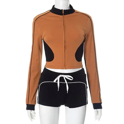 Casual Patchwork Women Two Piece Short Sets 2025 Spring Fashion Sporty Fitness Outfit Long Sleeve Cropped Jacket and Mini Shorts