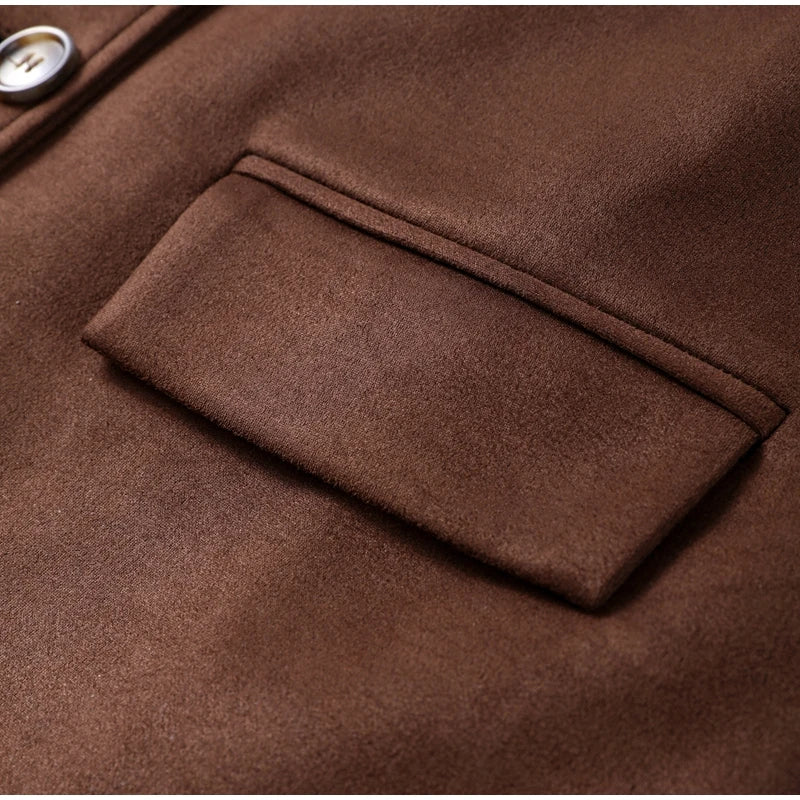 Suit Suede Leather Coat Women Brown Lapel Pocket Single Button Mid Length Jackets 2025 Spring Vintage Fashion Lady Outwear Top