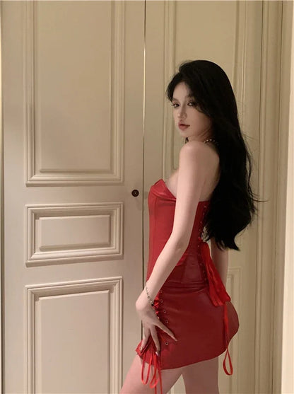Spicy Girl Red Sexy Bra Vest Women's Summer Set Skirt Tie Up Hip Wrap Skirt Short Skirt Half Two Piece Set