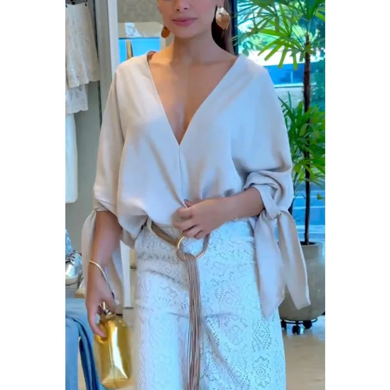Elegant Women Pants Set Chic Loose Long Batwing Sleeve Shirt Top Wide Leg Pants Two Piece Trousers Set Lace Hollow Out Outfits