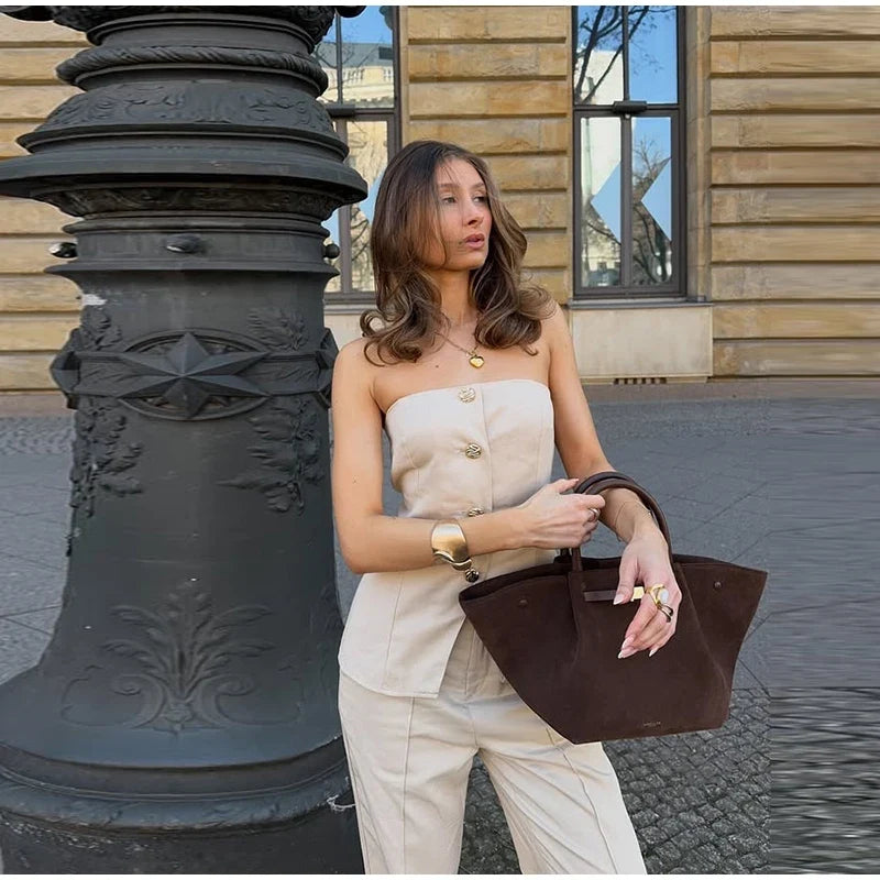 Casual Single Breasted Pants Sets Women Solid Strapless Top High Waist Wide Leg Pant 2025 Spring Summer Lady High Street Outfits