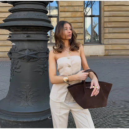 Casual Single Breasted Pants Sets Women Solid Strapless Top High Waist Wide Leg Pant 2025 Spring Summer Lady High Street Outfits