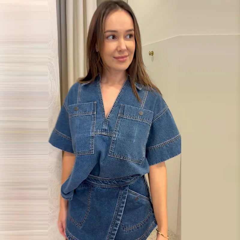 Classic Denim V-neck Shirt Mini Skirt Set Women Vintage Loose Lapel Tops Irregular A-lined Skirts Sets Female Chic Street Outfit