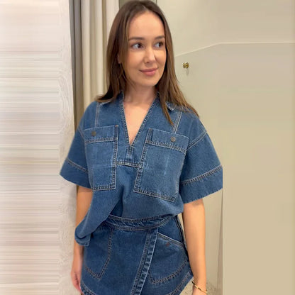 Classic Denim V-neck Shirt Mini Skirt Set Women Vintage Loose Lapel Tops Irregular A-lined Skirts Sets Female Chic Street Outfit