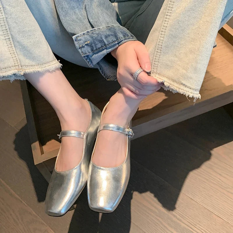 Casual Women Flats Spring Summer Office Ladies Silver Metal Color Mary Janes Shoes Woman Retro Style Concise Comfortable Flats