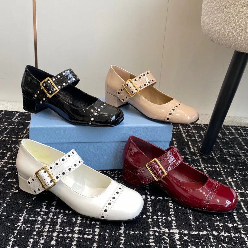French Mary Jane Thick Heel Women's Shoes Hollow Out Spring 2025 Fashion Patent Leather Metal Buckle Office Dress Pumps Vintage