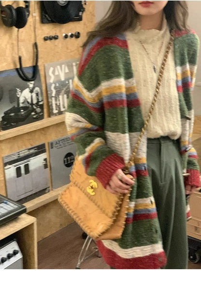 Striped Sweater Jacket Autumn New Style Loose Slimming Contrasting Long Sleeved Knitted Sweater