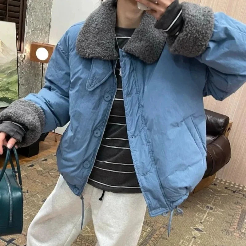 Lamb Wool Collar Spliced Cotton Jacket for Women with Fashionable Design Loose Winter Casual Cotton Jacket
