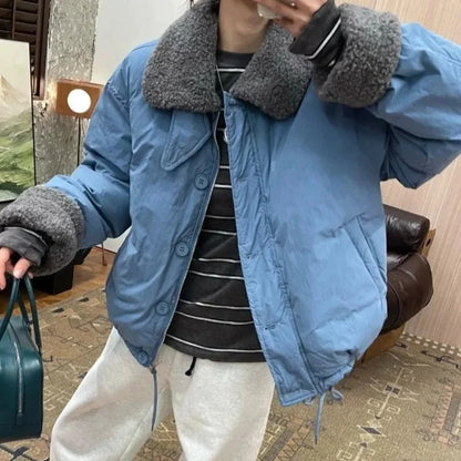 Lamb Wool Collar Spliced Cotton Jacket for Women with Fashionable Design Loose Winter Casual Cotton Jacket