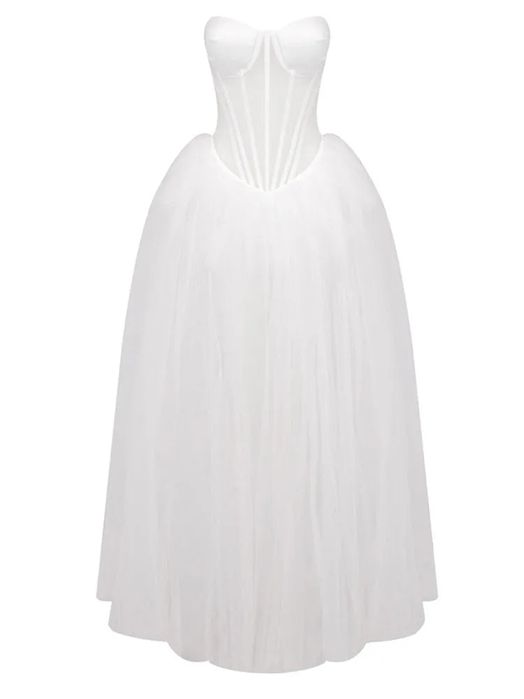 Strapless Sweetheart Corset Boning Sheer Bodice Tulle Ballgown Maxi Dress