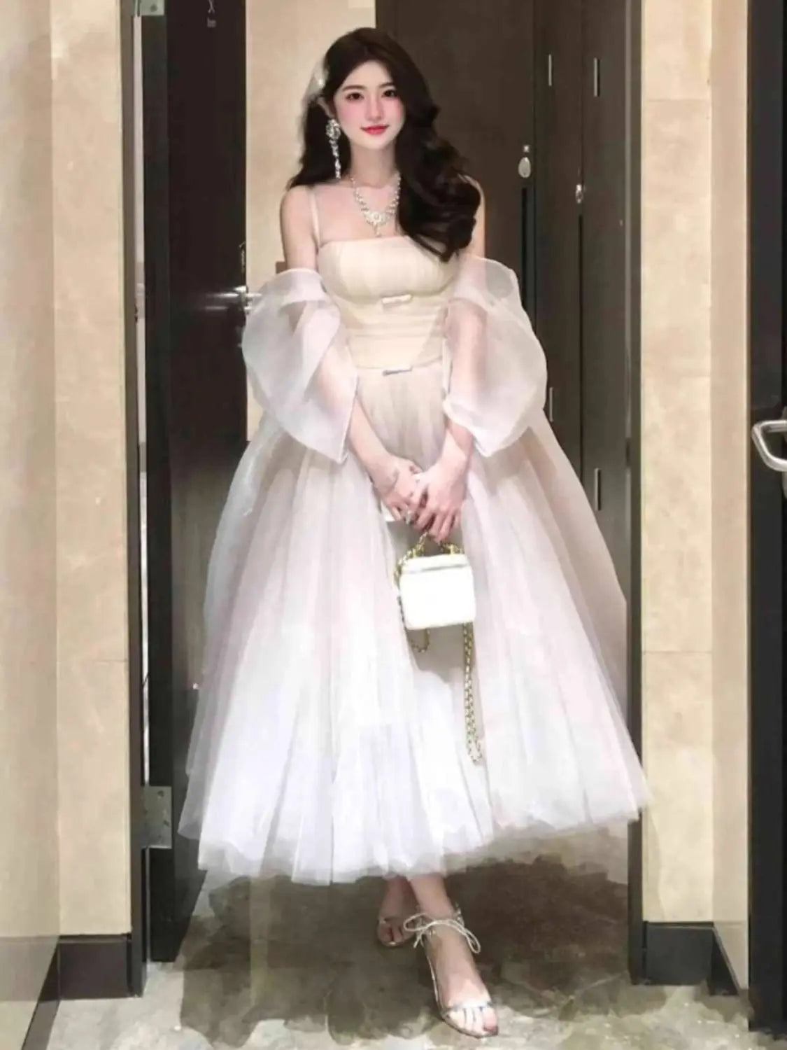 High-Grade Wear Waist Trimming Lace up Suspenders Dress Beautiful Long
