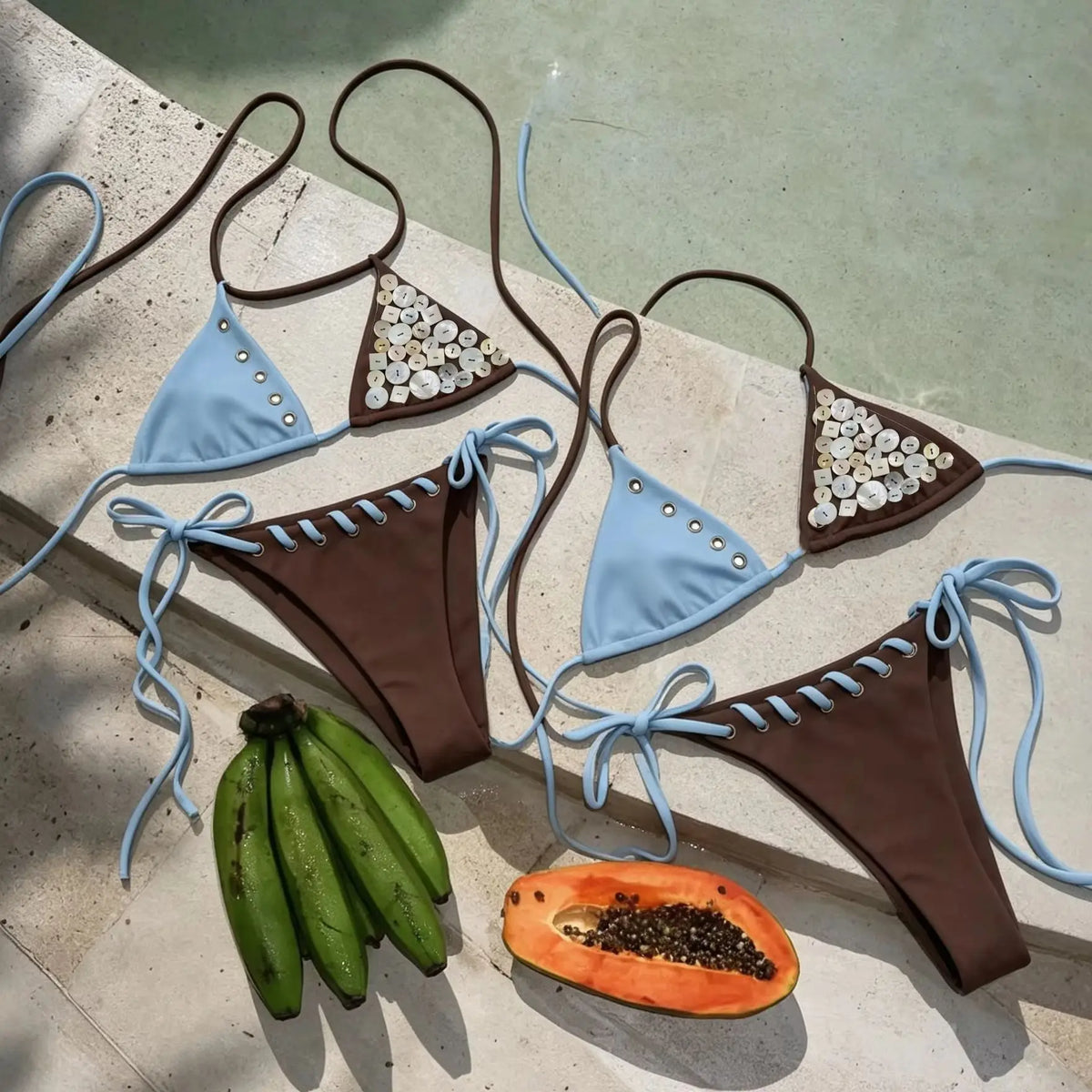 Sexy Button Bikini with Skirt Swimsuit Women Shirring Swimwear High Leg Resort Wear Bathing Suit Beachwear Halter Biquini