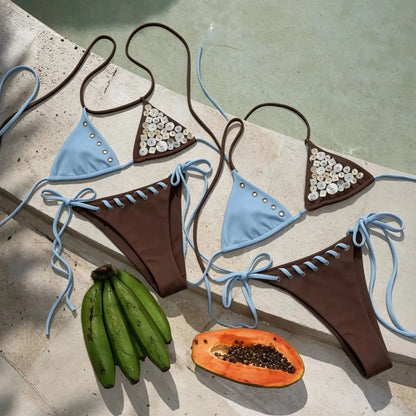 Sexy Button Bikini with Skirt Swimsuit Women Shirring Swimwear High Leg Resort Wear Bathing Suit Beachwear Halter Biquini