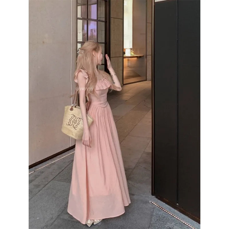 Sweet Gentle Square Neck Dress Summer New Temperament Waist-sharp Mid-length Dress