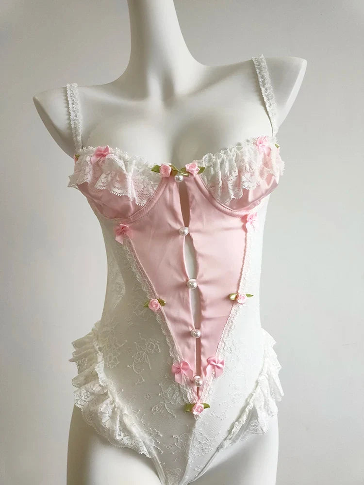 Sweet Bodysuits Women Floral Bows Decoration Mesh Patchwork Lace Trim Hollow Out Backless Bottoming Tops Cute Tee Kawaii Clothes