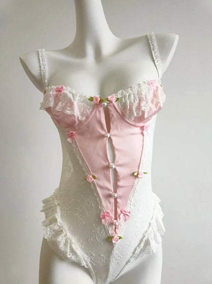Sweet Bodysuits Women Floral Bows Decoration Mesh Patchwork Lace Trim Hollow Out Backless Bottoming Tops Cute Tee Kawaii Clothes