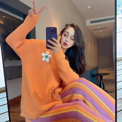 Fluffy Pajamas Set for Women Casual Sleepwear Tank Sunflower Plus Size Hoodie Leisure Homsuit Winter 2 Pieces Pijamas Set Kawaii