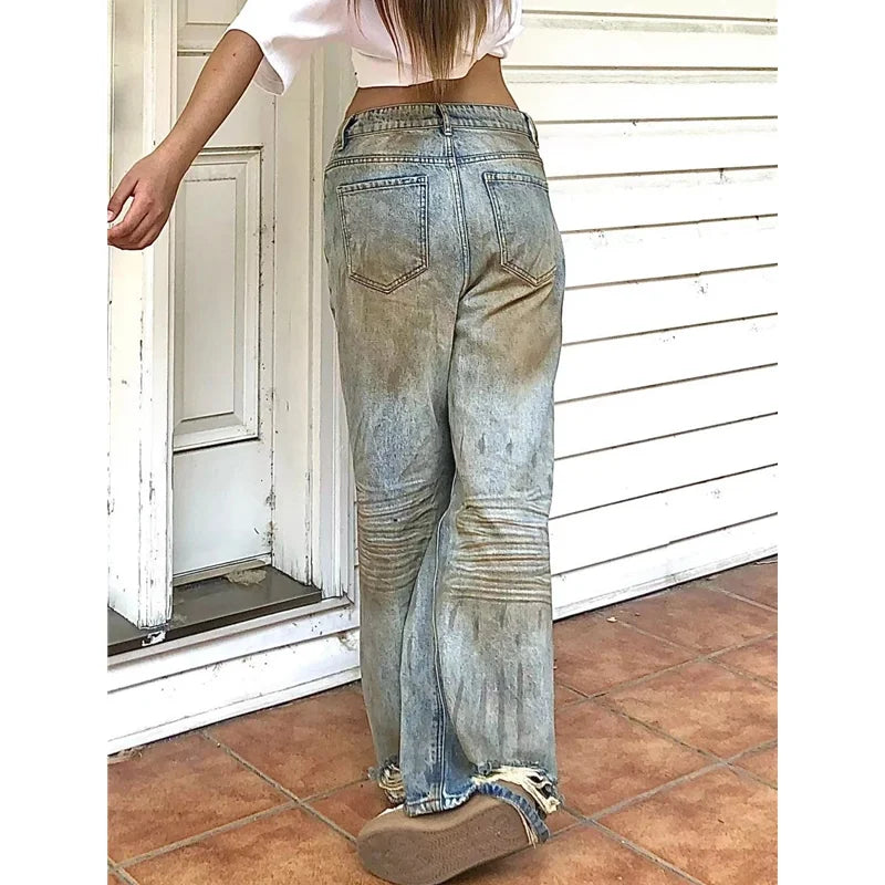 Autumn Blue Womens Ripped Jeans High Waist Baggy Casual Vintage Y2K Trend Straight Pants Street American Wide Leg Denim Trouser