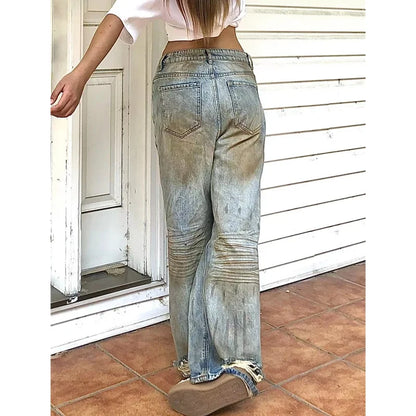 Autumn Blue Womens Ripped Jeans High Waist Baggy Casual Vintage Y2K Trend Straight Pants Street American Wide Leg Denim Trouser
