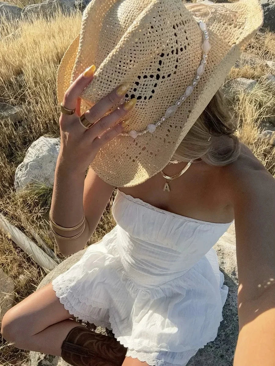 Lace Trim Patchwork White Dresses For Women New Strapless Sleeveless Tiered Mini Dress Summer Sweet Fashion Sexy A-line Vestidos