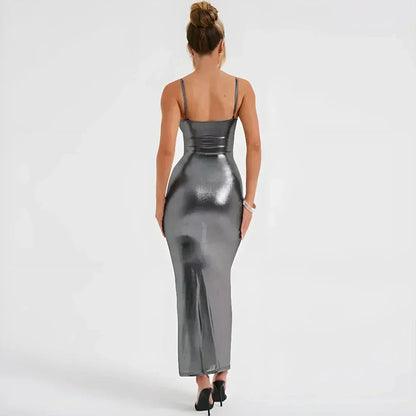 Spaghetti Strap Square Neck Foil Finish Bodycon Maxi Dress
