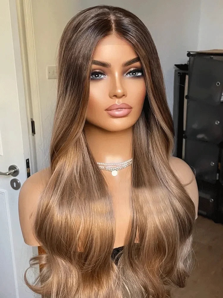 Honey Blonde Lace Front Wig Heat Resistant Premium Synthetic Lace Front Wig Brown Blonde Mix Wig For Woman Long Wavy