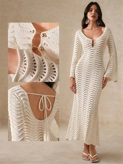 Hollow Out Knit Lace-Up Patchwork Midi Dress