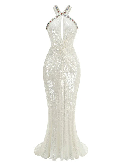 Halter Keyhole Rhinestone Trim Ruched Waist Sequin Mermaid Maxi Gown