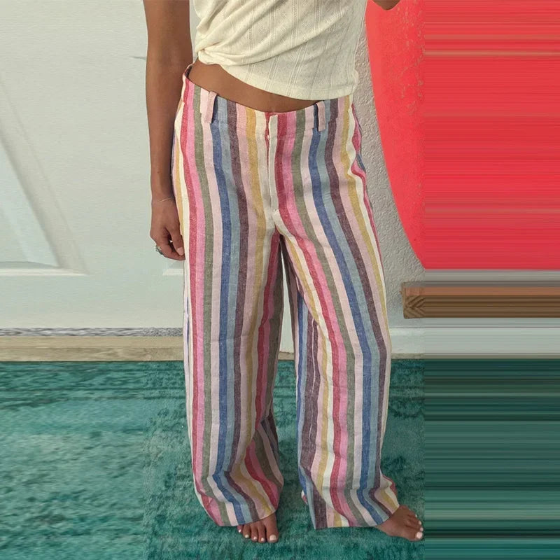 Casual Colorful Striped Women's Pants Loose Zipper Pockets High Waist Wide Leg Trousers Spring Summer Lady All-match Pant