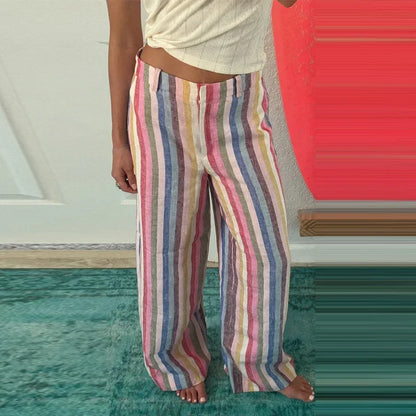 Casual Colorful Striped Women's Pants Loose Zipper Pockets High Waist Wide Leg Trousers Spring Summer Lady All-match Pant