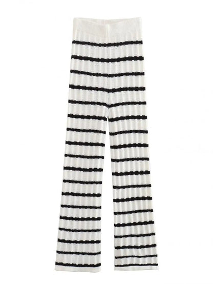 Women Fashion Knitted Striped Waistcoat Pants Set V Neck Front Tie Sleeveless Vest Tank Tops Elastic Waist Trousers Streetwear