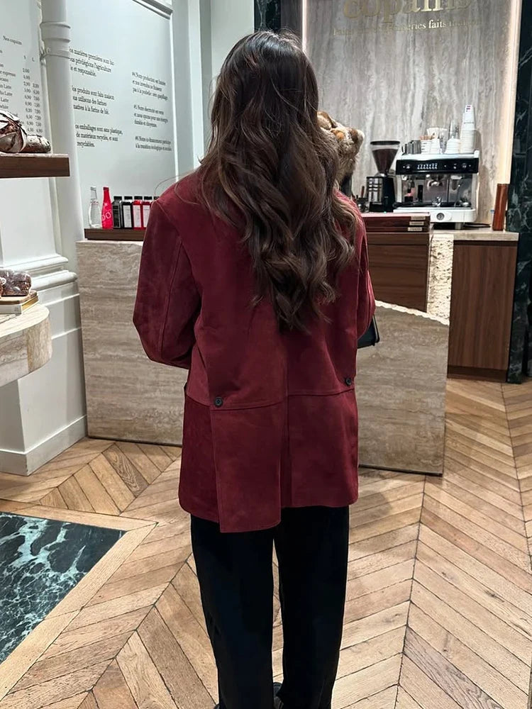 Wine Red Lapel Blazer Women Single Breasted Patchwork Long Sleeve Jackets New Elegant Chic Street Casual Commute Jacket 2025