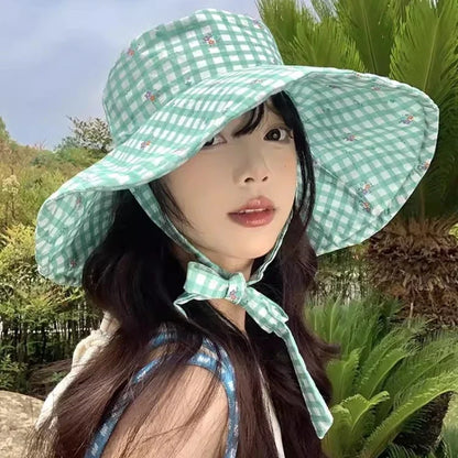 Korean Version Mint Mambo Green Plaid Summer Caps for Women Outdoor Travel Big Brim Sun Protection Versatile Straps Bucket Hat