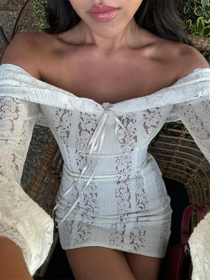 Autumn Lace Off-Shoulder Mini Dress For Women See-Through Printed Lace-Up High Waist Elegant Party Dress Female Sexy Gown