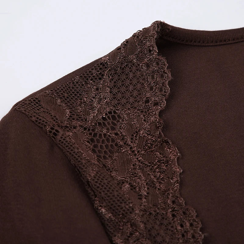Slim Bandage Folds Patchwork Lace T Shirt Casual Drawstring Square Collar Long Flare Sleeve Tees Women Autumn Lady