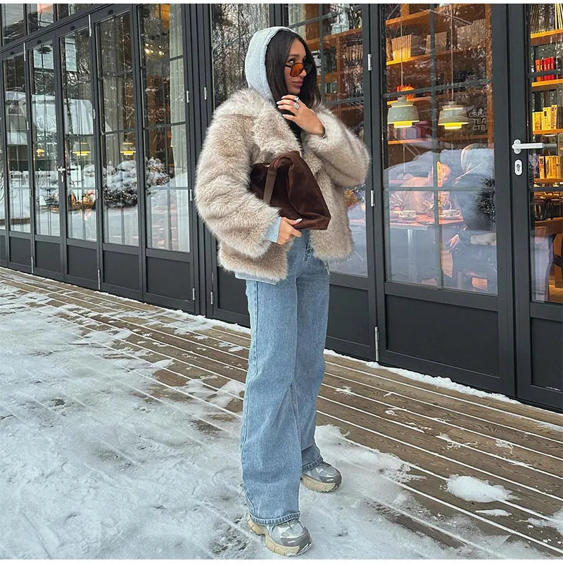Furffy Thicken Jackets Women Faux Fur Loose Lapel Long Sleeves Warm Coats Female Winter Fashion Solid Soft Outwears Lady