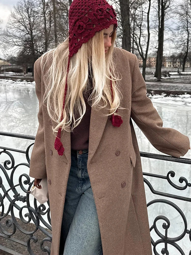 Elegant Solid Double Breasted Long Coat Women Chic Casual Loose Lapel Pad Shoulder Tweed Coats Lady Winter Retro Street Outwear